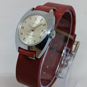 VINTAGE Timex Manual Wind Women's 24 mm Silver Tone Red Leather Bund Strap Watch